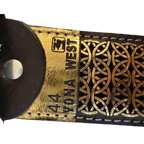 Tona West Leather Belt Mens 44 Brown Gold Tooled Pattern Western Cowboy Buckle - Picture 5 of 5